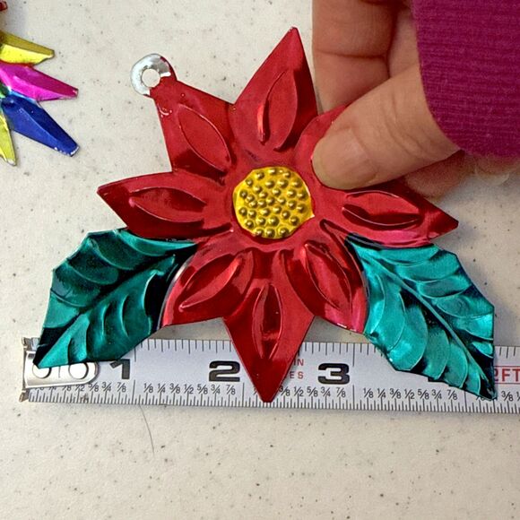 Vintage Mexican Folk Art Hand Painted Punched Tin Christmas Ornaments 6 Lot - Picture 12 of 16